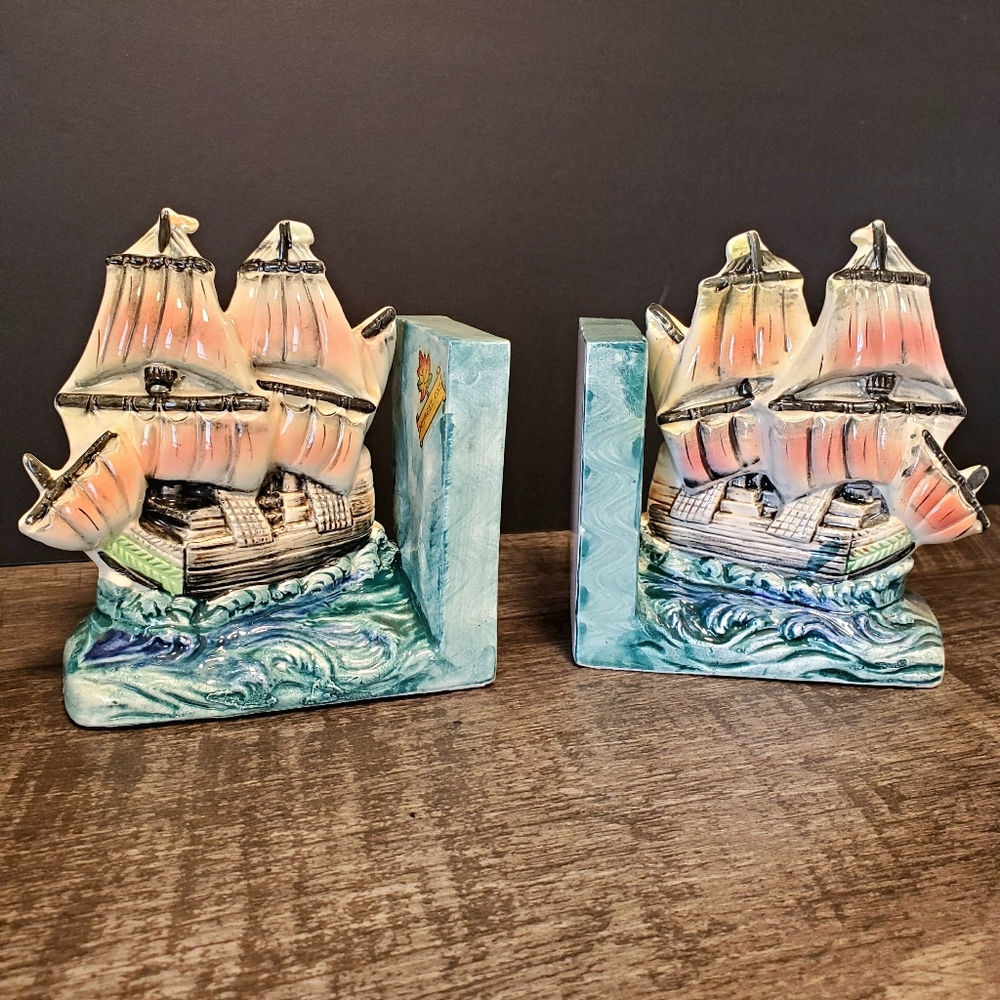 Chalkware Vintage Nautical Ship Bookends 5" Nautical
